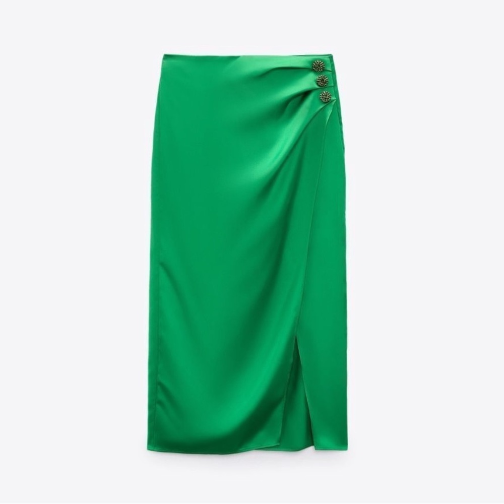 Zara Green Satin Midi Skirt with Side Slit - Picture 3 of 11